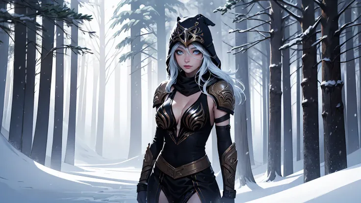 league of legends Ashe, warrior, (masterpiece, best quality), beautiful woman, outdoor snowy forest of pine trees, snow storm, low invisibility, perfect face, beautiful face, serious look, perfect slim fit body, hoding a bow, (standing), abstract backgroun...