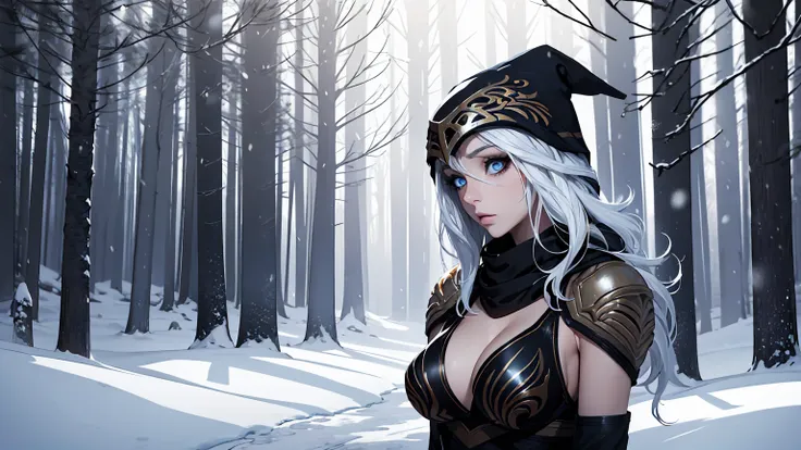 league of legends ashe, warrior, (masterpiece, best quality), beautiful woman, outdoor snowy forest of pine trees, snow storm, l...