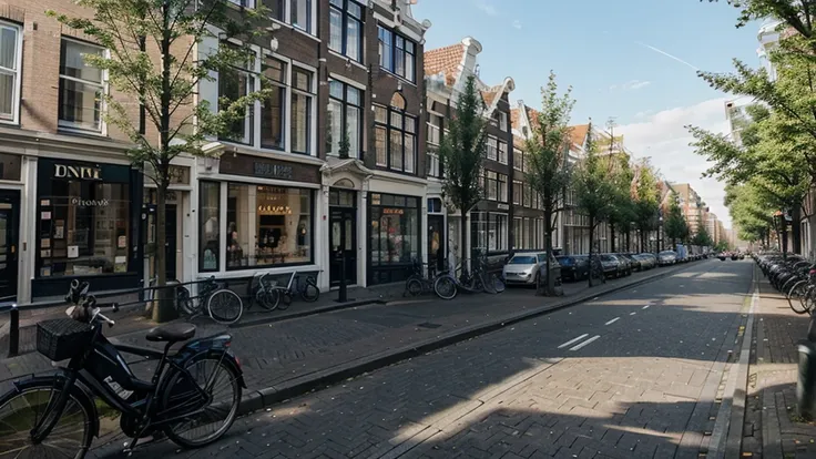 illustration of Amsterdam as seen from street level. Camera View should be in the middle of the city from a sidewalk.