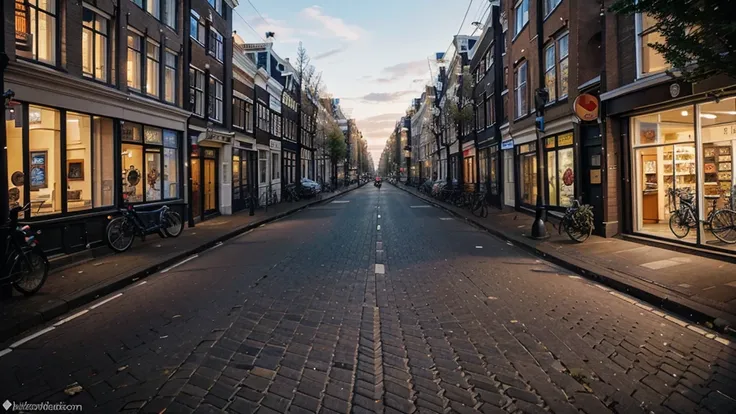 illustration of Amsterdam as seen from street level. Camera View should be in the middle of the city from a sidewalk.