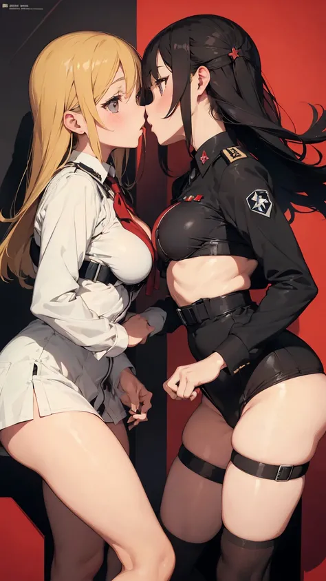  Propaganda poster. Gestapo uniform, female  lesbian kawaii sisters kissing passionately wearing  Luftwaffe uniforms. 8k. masterpiece. best quality. best artwork. lingerie. swastika insignia. bare breasts