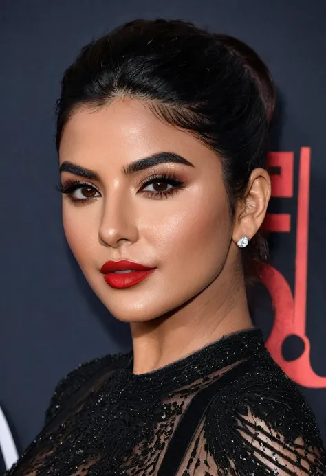 Waist-up shot of a beautiful female whose face combines features of Nigella Lawson + Priyanka Chopra + Ariel Winter + Kylie Jenner + Kim Kardashian + Shay Mitchell. The female is in her late teens or early 20s. The female wears fashionable clothes. The fem...