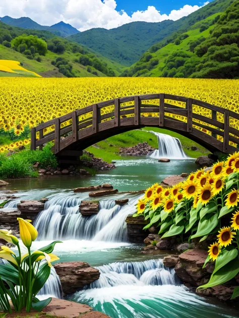 On a ranch with beautiful landscapes, waterfalls and sunflowers,  cassavas, chosas, stone fences,a plump 80 year old woman,loose dress ,embroidered apron,  walk across a wooden bridge,  with bouquets of white calla lilies in their hands.