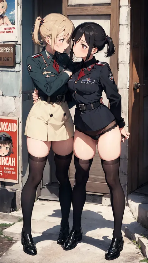  Propaganda poster. Gestapo uniform, female  lesbian kawaii sisters kissing passionately wearing  Luftwaffe uniforms. 8k. masterpiece. best quality. best artwork. lingerie. swastika insignia. bare breasts