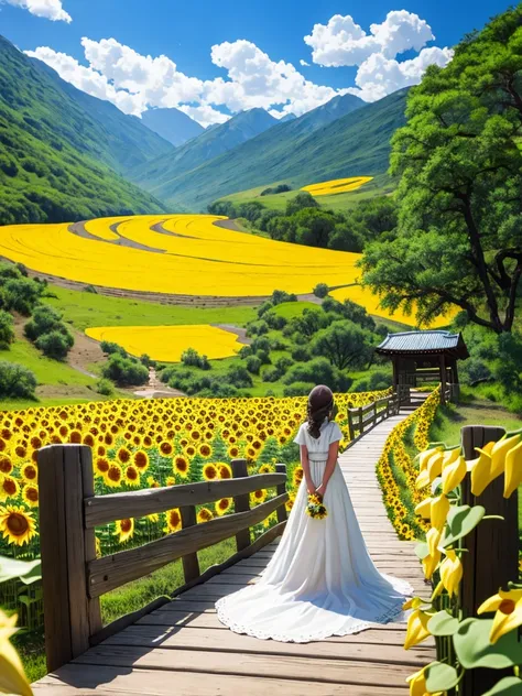 On a ranch with beautiful landscapes, waterfalls and sunflowers,  cassavas, chosas, stone fences,a plump 80 year old woman,loose dress ,embroidered apron,  walk across a wooden bridge,  with bouquets of white calla lilies in their hands.