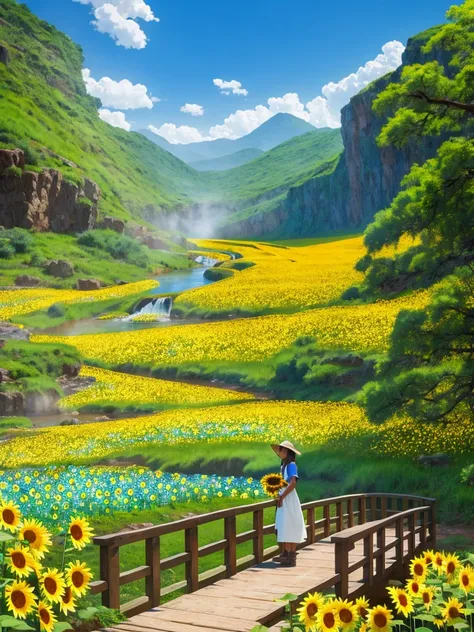 On a ranch with beautiful landscapes, waterfalls and sunflowers,  cassavas, chosas, stone fences,a plump 80 year old woman,loose dress ,embroidered apron,  walk across a wooden bridge,  with bouquets of white calla lilies in their hands.