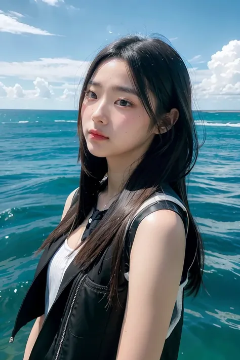 a young woman with long black hair and a vest on standing in front of the ocean with a blue sky, (1girl:0.955), (bangs:0.575), (black eyes:0.572), (black hair:0.709), (blue sky:0.985), (closed mouth:0.536), (cloud:0.927), (day:0.980), (horizon:0.816), (jap...