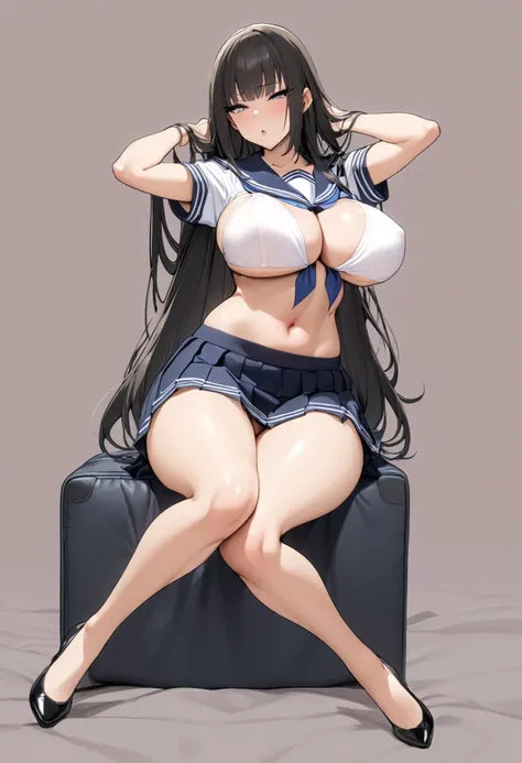 Glamour、large breasts、Sexy、Big breasted、、、ふくらはぎまでのSexyポーズ、long hair、Full body pose、Sitting、ー、glamorous、The buttocks are also big、Reminiscent of sex、Soft Breasts、Breasts that change shape when pressed、Sailor suit、、Straight Hair、Pleated skirt、Seductive pose