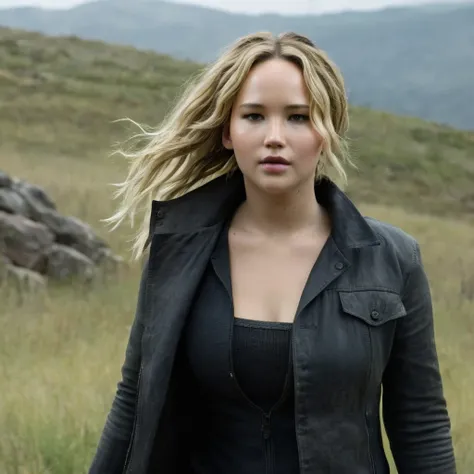 HDR photo of  Cinematic, Grainy:1.5, Detailed:1, Sharp Image:1.2, of
 Best Cinematic Picture of jennifer lawrence a woman with long hair and a black jacket looking at camera Kodak Motion Picture Film Style, High dynamic range, vivid, rich details, clear sh...