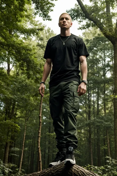 Create Eminem in a very nice and quiet forest, while standing on a big tree branch and rapping.