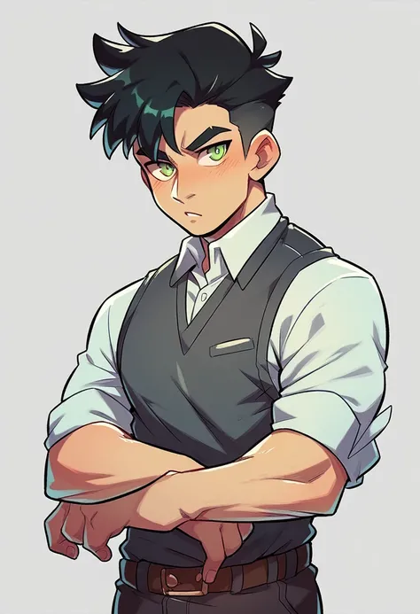 A handsome anime boy with a look of desire and possessiveness  ((black hair)) ((green eyes)) ((Possessive)) 