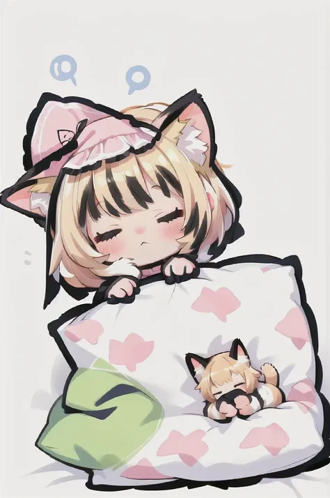 a cartoon of a cat sleeping on a pillow and another cat sleeping on it, there is nothingmimi, cat girl, beasts, there is a cat n...