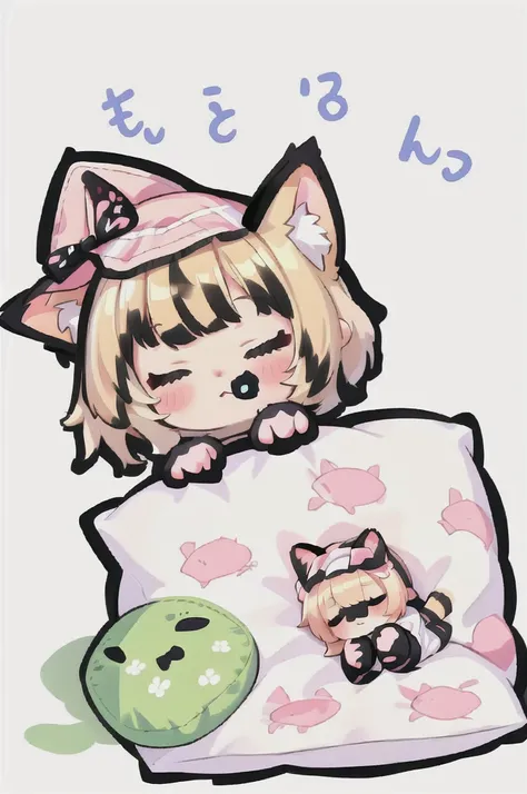 A cartoon of a cat sleeping on a pillow and another cat sleeping on it, there is nothingmimi, Cat girl, Beasts, There is a cat next to her, Cat girl, cute anime Cat girl, Ah ah, there is nothing, anime Cat girl, anime、Pink nightcap、Sleeping on a futon、Blon...