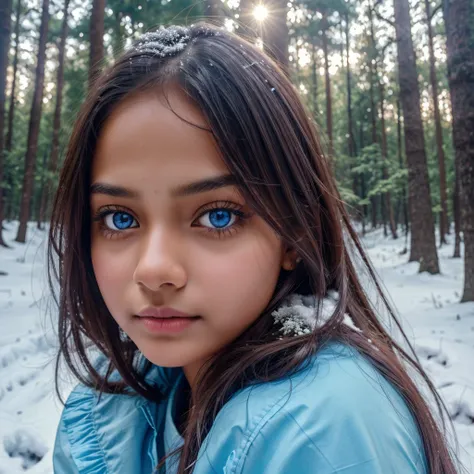 Portrait, high quality, Indian  girl fairy winter snow in the forest through the trees About 10 years old, blue eyes, smooth skin, ((Best quality, 8k, Masterpiece :1.3)), 1girl, Pretty girl , Casual outfit :1.2, in the forest, Ultra-detailed face, Detailed...