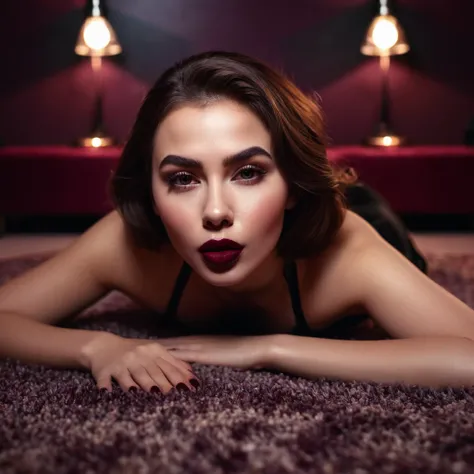 tender, beautiful girl, lying on a soft velor carpet, in a dim room with lamps in the corners, languid look, big bust, looks at the camera, licking lips. Lips painted with dark burgundy lipstick, Ultra-realistic, high detail, HDR