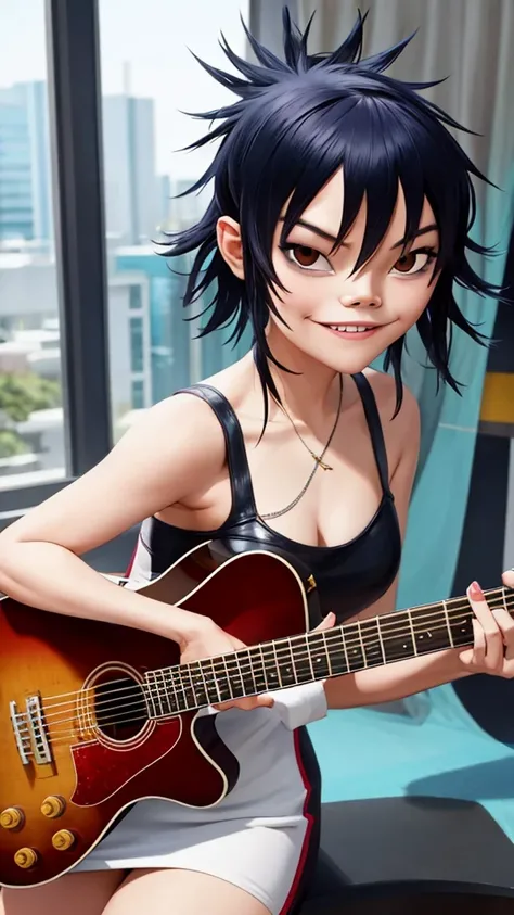 Noodle Gorillaz, sexy body, sexy Dress, playing guitar, smiles, ((masterpiece, best quality)) holding