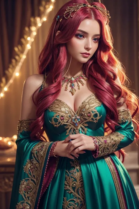 1girl, long_hair, bright_hair_color, seductive_eyes, mysterious_expression, mature_appearance, glamorous_outfit, flowing_dress, elegant_jewelry, intricate_embellishments, magic_symbols, glowing_accessories, potions, scrolls, cute_accents, bows, ribbons, fl...