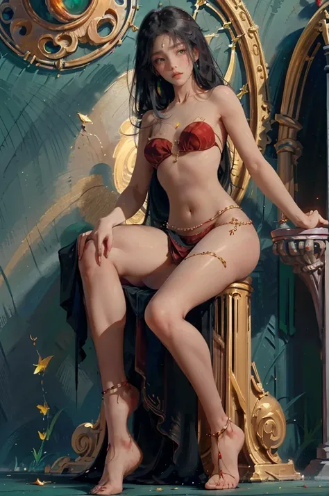 ((aeolian)), 1 girl, beautiful face with green eyes, Princess, ((red dress with low neckline)), very long black hair, slim body, shiny skin, bare feet, full body view, wearing lots of jewelry, sitting down with spread thighs