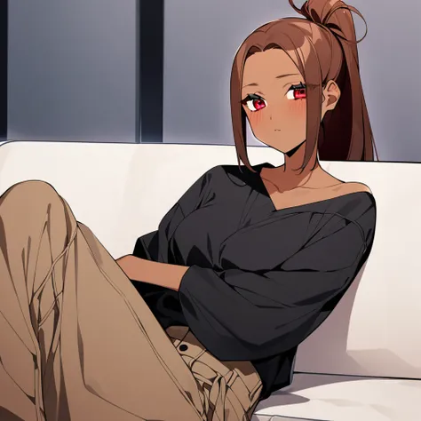 A woman with brown skin and red eyes, and long hair tied in a long, voluminous ponytail. She wears extra-oversized brown pants and a black blouse. She is sitting on a sofa, as if taking a photo while having a bout of shyness.