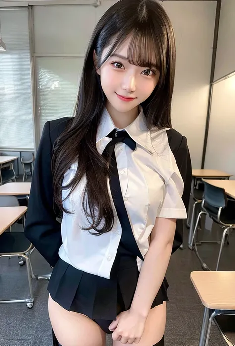 Highest quality, masterpiece,8k, Ultra-high resolution, （Smile）,(Realistic: 1.4), RAW Photos, Dynamic Pose,Black Hair,((uniform)),Young,1 girl, Glowing Skin, classroom, Dramatic lighting, whole body, high school girl,（underwear）