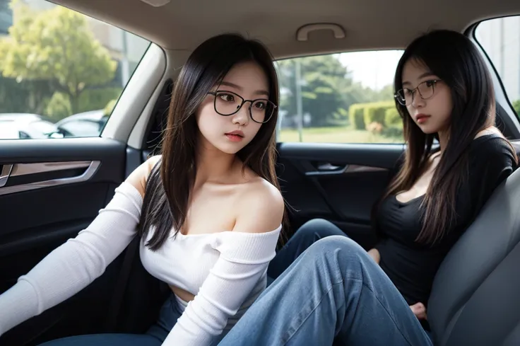  girl 19-year-old Hairstyle Casual, wearing off shoulder collarbone and casual long pants girl with Square glasses with black edges  in car and driving the car with her friend