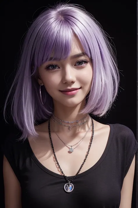 Masterpiece,1girl,solo, light smile, metal necklace, white shirt, modern , accessories, two-tone hair color in purple and black, unique hairstyle, stylish, black background