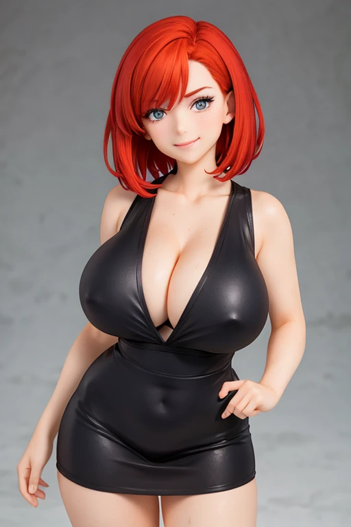 Figure of a redhead, short hair, big breast, sweaty cleavage, smile, sexy dress