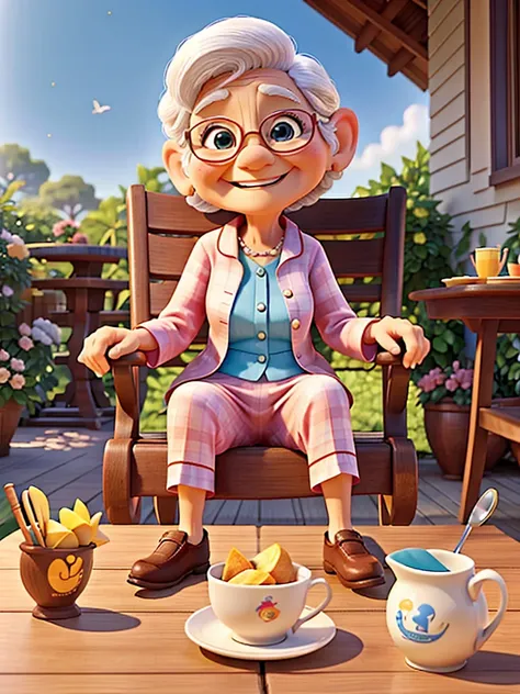 Create a 3D poster inspired by Disney bid. From a cheerful 80-year-old woman, with elegant pajamas, sitting in a rocking chair, a little table with breakfast,in a nice garden, in a dawn atmosphere 