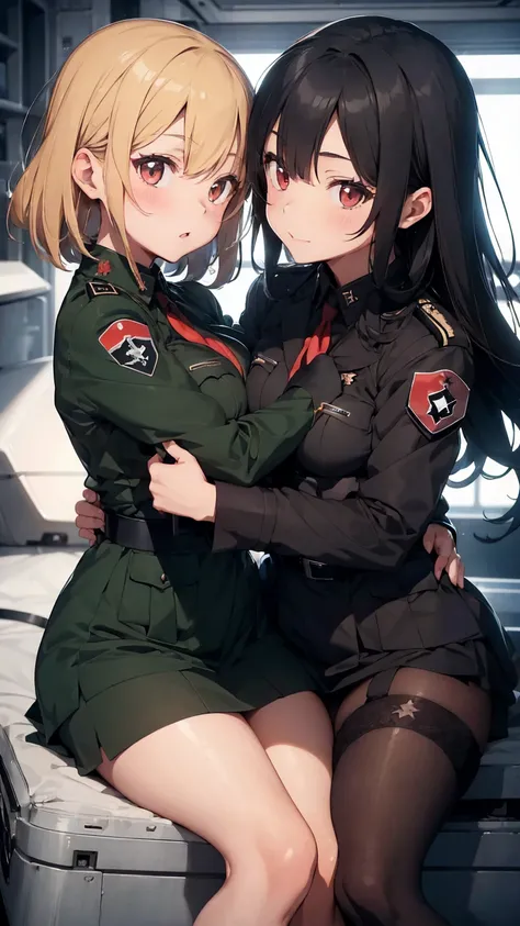 Gestapo uniform, female  lesbian kawaii sisters kissing passionately on a T-54 German tank, wearing  Luftwaffe uniforms. 8k. masterpiece. best quality. best artwork. lingerie. Swastika insignia red armband. bare breasts