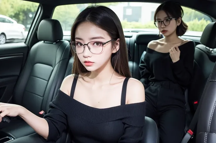  girl 19-year-old Hairstyle Casual, wearing off shoulder collarbone and casual long pants girl with Square glasses with black edges  in car and driving the car with her friend