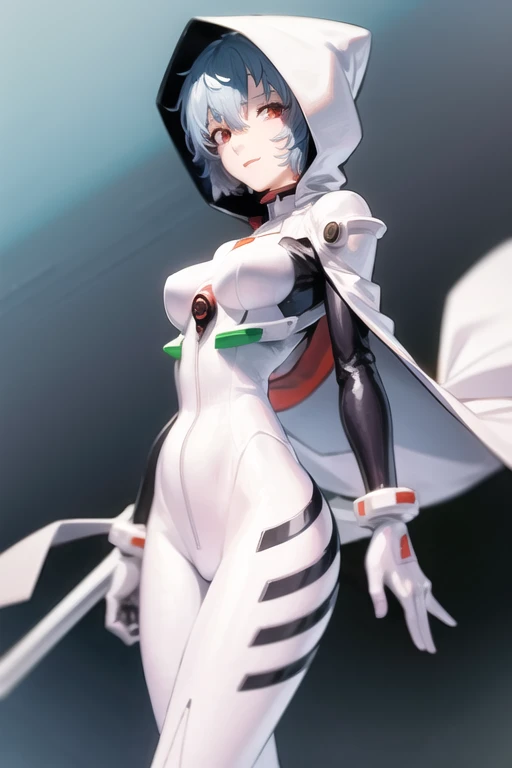 masterpiece, best quality, 1girl, ayanamirei, plugsuit, interface headset, hooded white cloak, cape, High Resolution, Smile, Blue Hair, Breasts, Short Hair, From Below, Masterpiece, Best Quality, Hood up, Breasts, sexy poses
