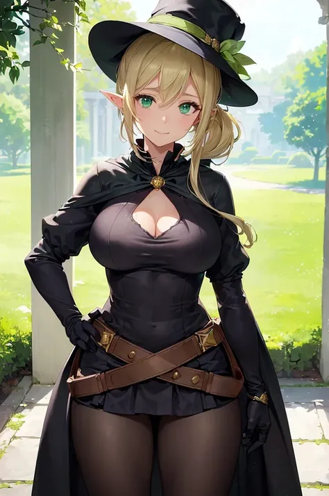 (((masterpiece; best quality: 1.2))), (finely detailed eyes: 1.3), (25 year old elf woman), (solo), (green eyes: 1.4), (body; big breasts, fit, femenine: 1.3), (silky blonde hair in low ponytail: 1.3), (beautiful and clear background: 1.2), ((depth of fiel...