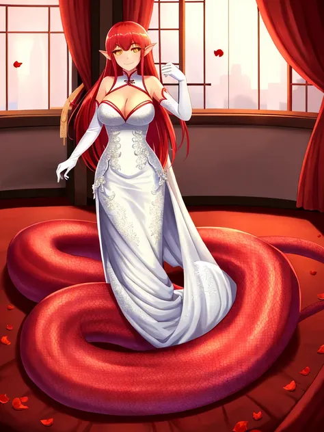 1girl, red lamia, scales, tail, full body, smile, long hair, red hair, yellow eyes, blush, happy face, bedroom, wedding dress, chinese girl, mature female, huge breasts, elbow gloves, white gloves,