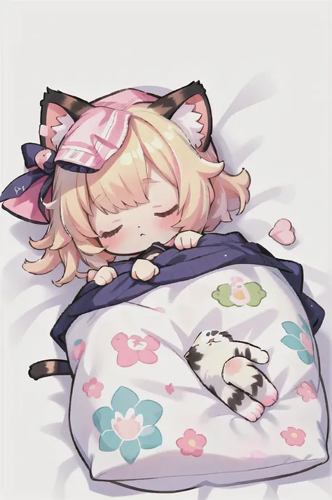 a cartoon of a cat sleeping on a pillow and another cat sleeping on it, there is nothingmimi, cat girl, beasts, there is a cat n...