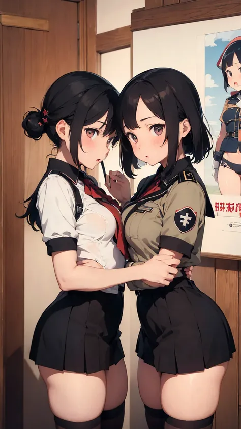   Propaganda poster. Gestapo uniform, female  lesbian kawaii sisters kissing passionately wearing  uniforms. 8k. masterpiece. best quality. best artwork. lingerie. swastika insignia. bare breasts. saliva