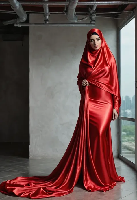 a sexy a woman covered in large red satin cloth, tied tightly with the satin cloth, mummified, the satin hanging down very long, a mermaid style dress, wearing a satin hijab, the satin cloth is very long, forming the curve of the body, flowy satin about 4 ...