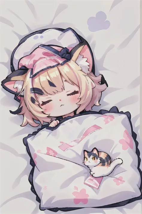 a cartoon of a cat sleeping on a pillow and another cat sleeping on it, there is nothingmimi, cat girl, beasts, there is a cat n...