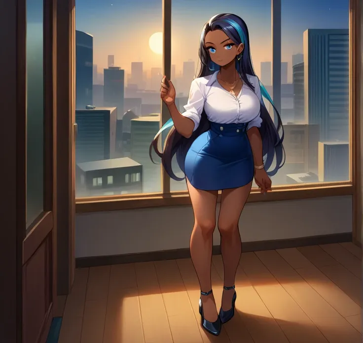 score_9, score_8_up,score_7_up, source_anime, 1girl, solo, EPpkNessa, blue eyes, black hair, blue hair, streaked hair,, dark skin, dark-skinned female, necklace, ear piercing,bottonup shirt,high-waist skirt,pantyhoes,heels,office, at a dark room, at night ...