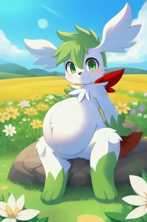 shaymin (sky forme), young, green hair, green eyes, black nose, white body fur, green hands, green feets, detailed face, detaile...