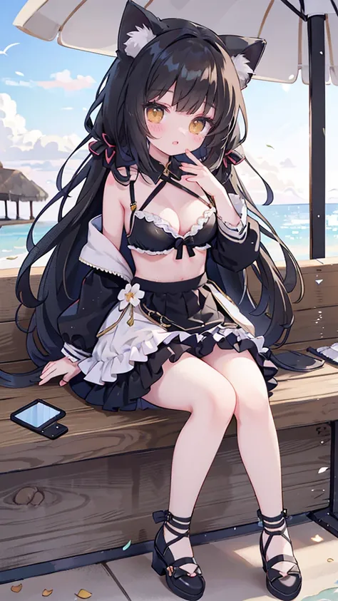 idol, yuri, bishoujo,masterpiece,best quality,official art,extremely detailed CG unity 8k wallpaper, Wearing a black bra on the beach、long black hair、Anime girl in black shoes,on the beach,Anime cat girl with yellow eyes,Dressed in black,Black mini skirt,B...