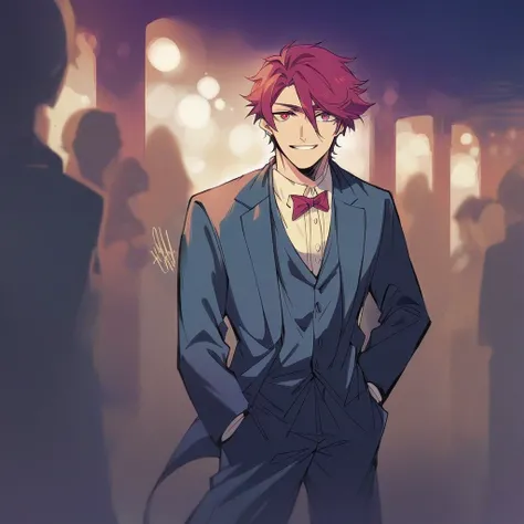 Kamado Tanjiro, with his distinctive red hair, stands inside a grand concert hall. He is dressed in a sleek black formal suit, with his hand casually in his pocket, smiling warmly while making eye contact with the viewer. Behind him, a crowd of people is v...