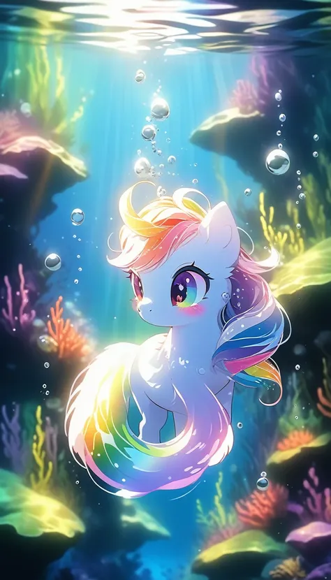  Underwater, amazing colors, close, Light refracts in water, Reflective transparent rainbow,Gentle lighting/ Soft Light, Attention to detail, Ultra-high resolution,