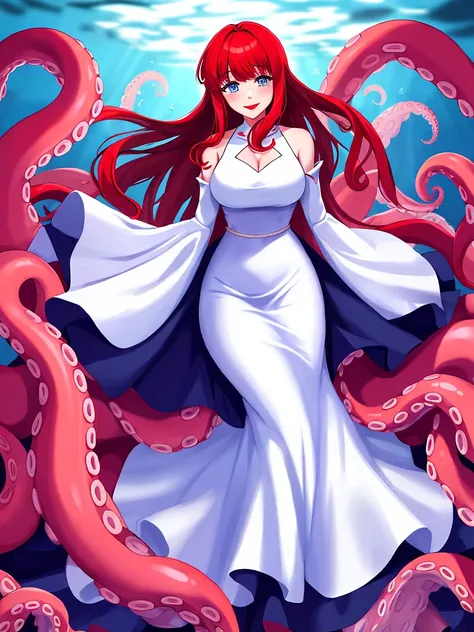 1girl, scylla, tentacles below waistline, tentacles, suction cups, fused, full body, large breast, blue eyes, red hair, long hair, gown dress, red lips, smile, blush, happy face, underwater,