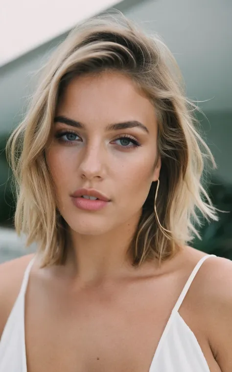 a beautiful 23-year-old woman, girl next door, makeup, lips, blonde, messy hair, short hair, film grain, cleavage, retro, Porta 160 color, shot on ARRI ALEXA 65, sharp focus on subject, Fujifilm XT-3