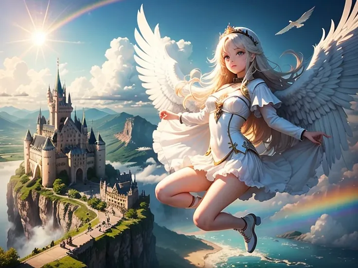 Amazingly beautiful girl with huge white wings, flying against the backdrop of a fantastic cloudy town with a castle, sparkling rainbow waterfall and bright sun 