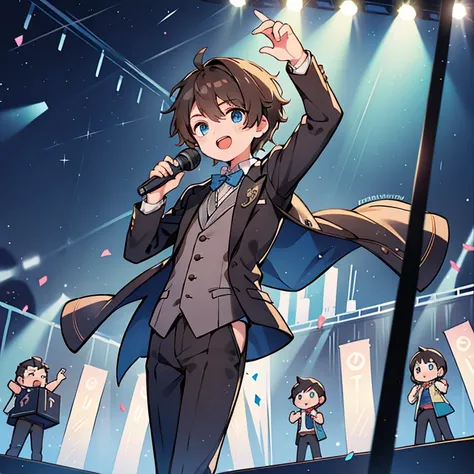 Masterpiece, Best quality, Highest quality, 4K, One boy, solo, has short brown hair, Blue eyes, wears suit, hold a microphone, singing, standing on the stage, happy