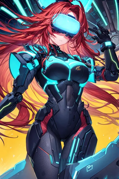 best quality, head-mounted display,
(1 girl, solo), exposed waist, exposed thighs, surrounded by azure neon, floating red hair, NodesTech mascara, NodesTech headdress, long hair, ethereal red hair, red hair, crop top cyborg armor,
BREAK sci-fi background, ...