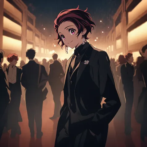 Kamado Tanjiro, with his distinctive red hair, stands inside a grand concert hall. He is dressed in a sleek black formal suit, with his hand casually in his pocket, smiling warmly while making eye contact with the viewer. Behind him, a crowd of people is v...