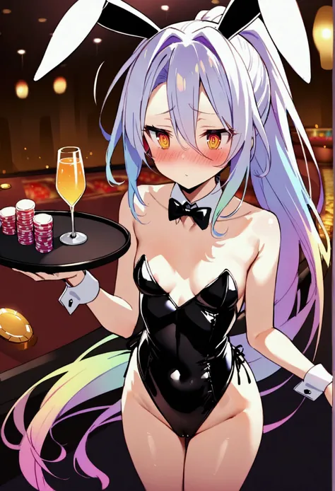 NSFW,masterpiece,Highest quality,High resolution,Very detailed,white(no game No life),Small breasts,ponytail,Bunny ears,Playboy Bunny,casino,Holding Tray,Dissatisfied face,blush,Are standing