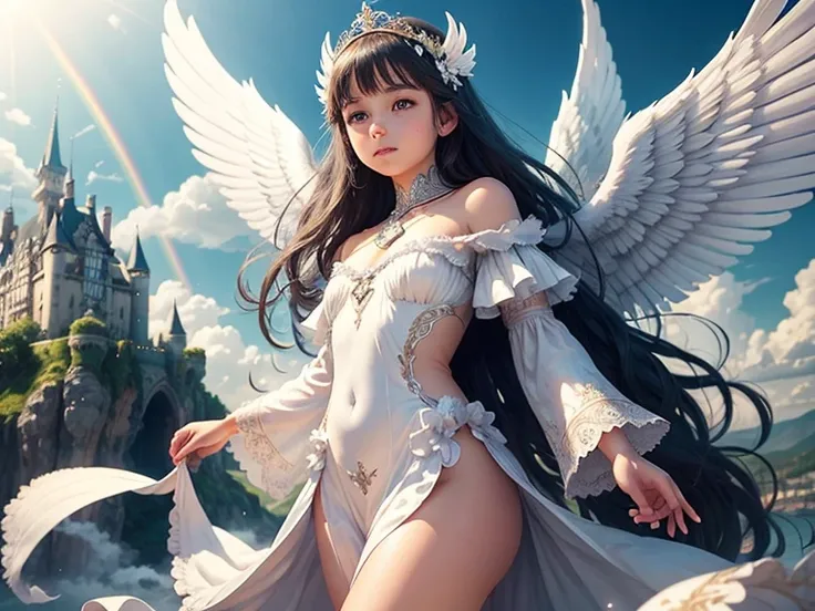 Amazingly beautiful angel girl with huge white wings from her shoulder blades, floating in the sky against the backdrop of a fantastic cloud town with a castle, sparkling rainbow waterfall and bright sun, extensive backstory, a lot of background, Beautiful...